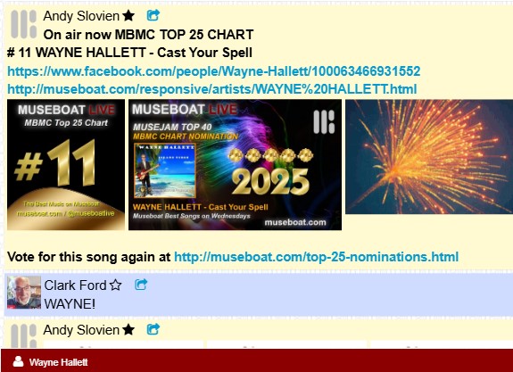 My song Cast Your Spell climbed back up in the Museboat Live Radio Top 25 Chart to #11!  Thank you very much to everyone who voted for my song!