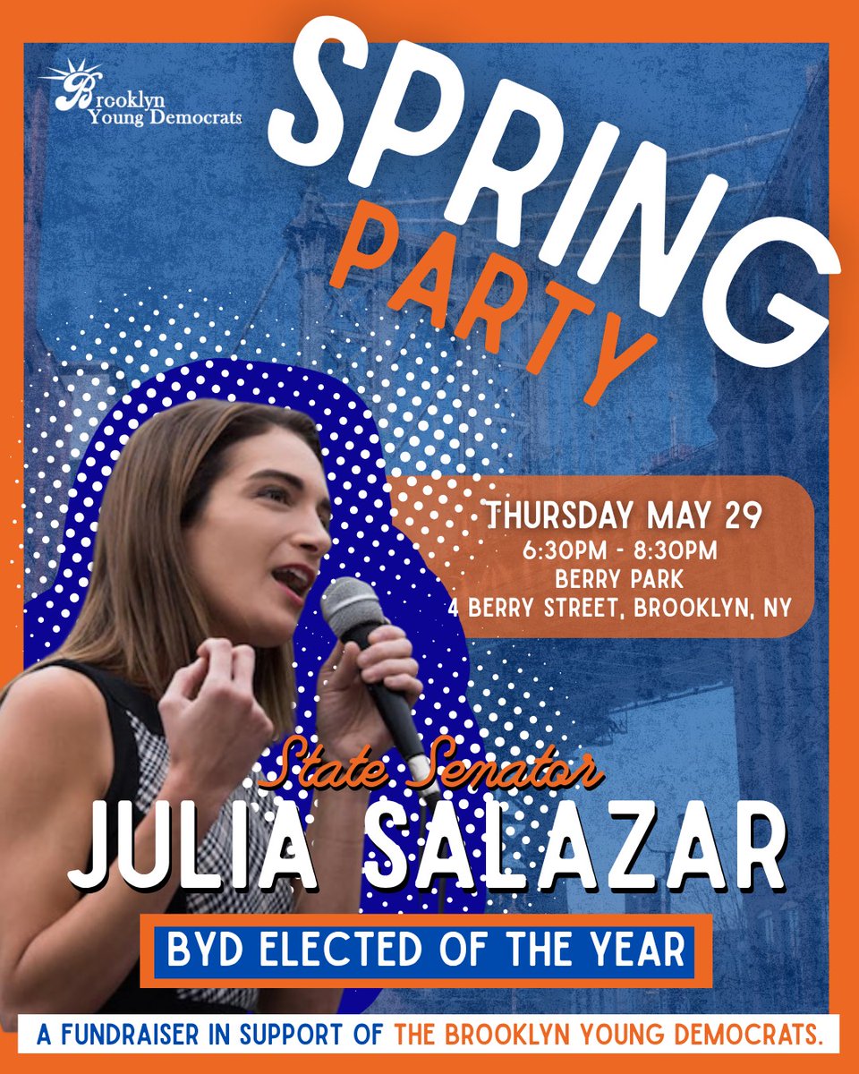 Brooklyn Young Democrats (@bkyoungdems) on Twitter photo We’re excited to welcome State Senator <a href="/JuliaCarmel__/">Julia Salazar (@juliasalazar on bluesky)</a> our BYD Elected of the Year, to tomorrow’s Spring Party Fundraiser! She’s been a fierce advocate for our community and a true champion of progressive values — don’t miss it! We’re excited to welcome State Senator <a href="/JuliaCarmel__/">Julia Salazar (@juliasalazar on bluesky)</a> our BYD Elected of the Year, to tomorrow’s Spring Party Fundraiser! She’s been a fierce advocate for our community and a true champion of progressive values — don’t miss it!