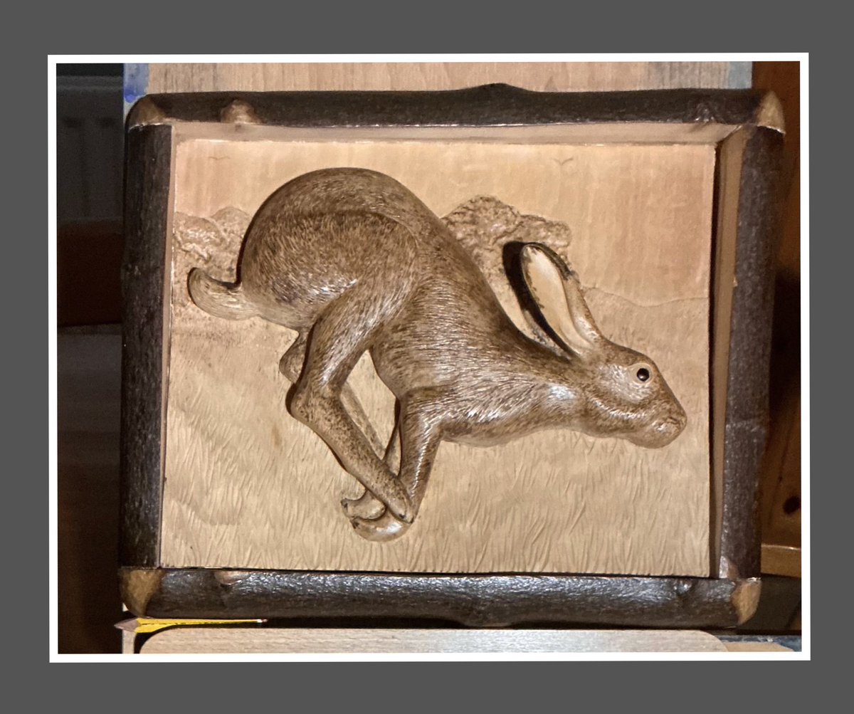 Running Hare caved in Lime stained dark oak framed with a blackthorn branch
First photo showing how to create depth to the carving
