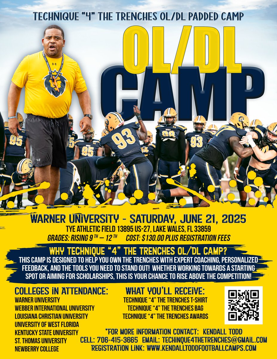 Coach Kendall Todd (@coachkendalltod) on Twitter photo 🚨 24 DAYS OUT! 🚨
The trenches are calling 💪🏾🔥 Don’t miss the Technique "4" the Trenches Padded Camp at Warner University – where real dogs get coached, compete, and get noticed!
📍 Location: Tye Athletic Field, Warner University – Lake Wales, FL
📅 Date: Saturday, June 21, 🚨 24 DAYS OUT! 🚨
The trenches are calling 💪🏾🔥 Don’t miss the Technique "4" the Trenches Padded Camp at Warner University – where real dogs get coached, compete, and get noticed!
📍 Location: Tye Athletic Field, Warner University – Lake Wales, FL
📅 Date: Saturday, June 21,