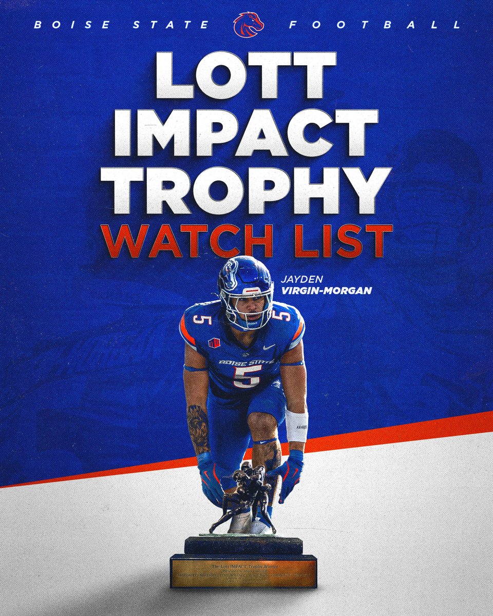 Boise State Football (@broncosportsfb) on Twitter photo Mad respect, JVM.
Jayden Virgin-Morgan is 1️⃣ of 4️⃣2️⃣ players selected to the <a href="/TheLottTrophy/">Lott IMPACT Trophy</a> Watch List‼️
📰: boi.st/43jMYED
#BleedBlue | #BuiltDifferent Mad respect, JVM.
Jayden Virgin-Morgan is 1️⃣ of 4️⃣2️⃣ players selected to the <a href="/TheLottTrophy/">Lott IMPACT Trophy</a> Watch List‼️
📰: boi.st/43jMYED
#BleedBlue | #BuiltDifferent