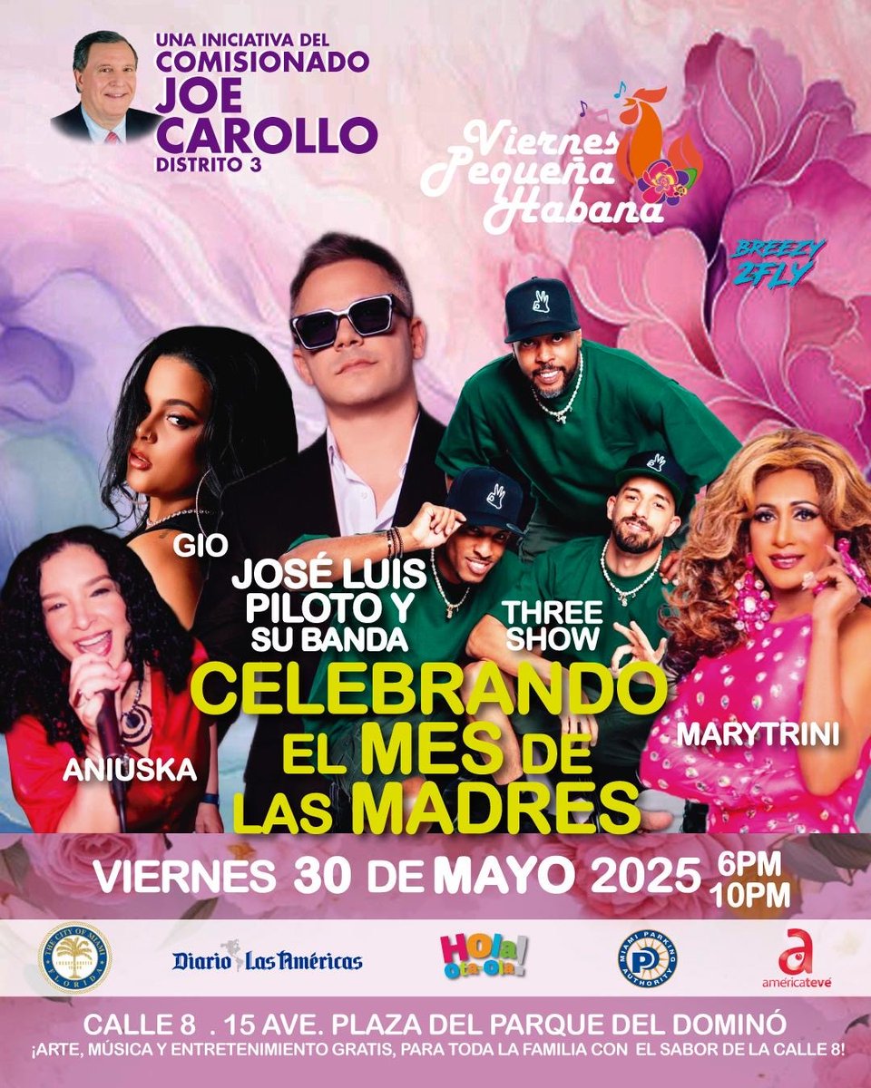 CityofMiami's tweet photo. 🎉 ¡Ven a disfrutar de Viernes Pequeña Habana este viernes en la Plaza del Parque del Dominó!
Celebramos el Mes de las Madres con música en vivo y mucho sabor. 🎶💃
¡Evento gratis para toda la familia en la Calle 8!
#ViernesPequeñaHabana #MiamiEventos #Calle8 @JoeCarolloNow https://t.co/aU4Iws1cet