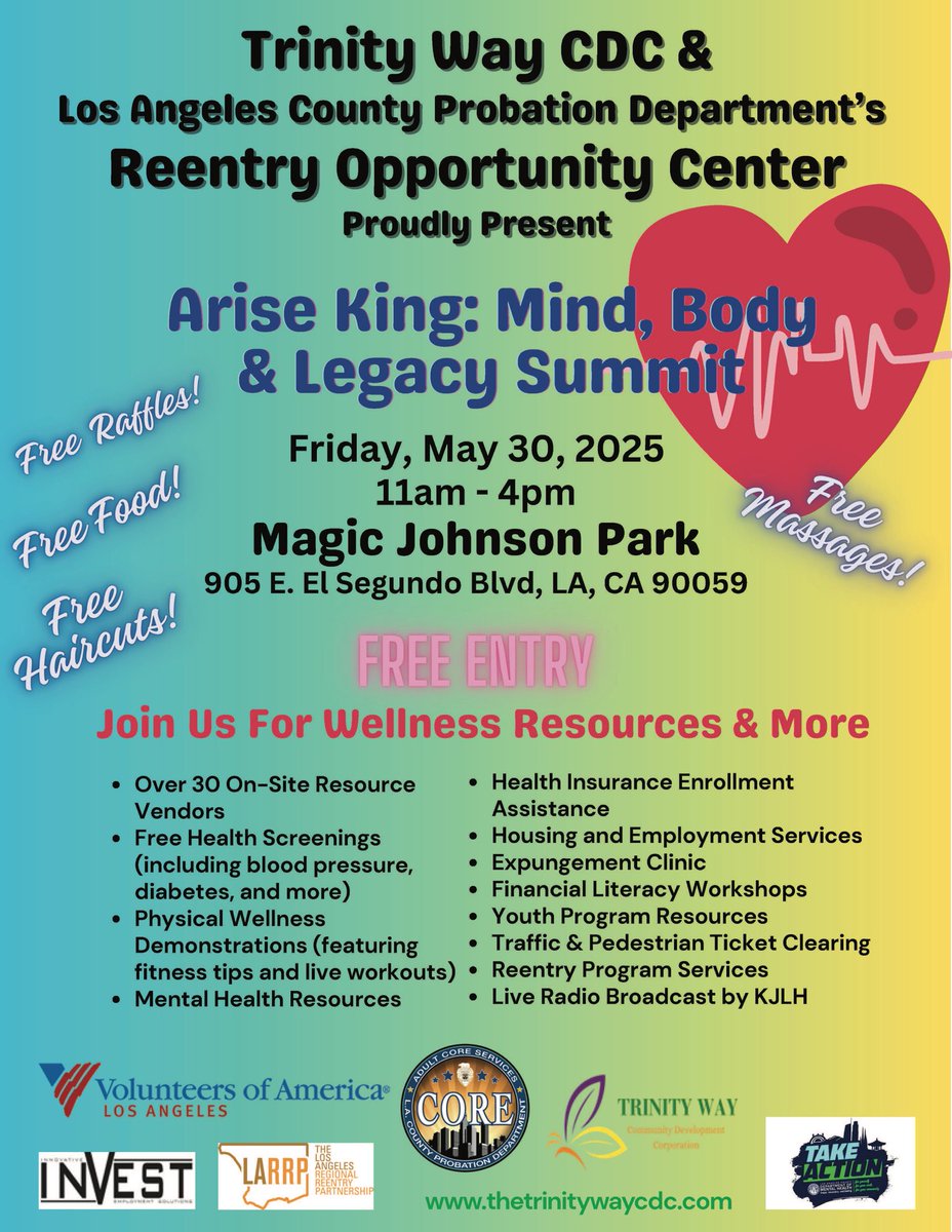 📢 The LA County Probation Dept &amp; Trinity Way CDC present “Arise King: Mind, Body &amp; Legacy Summit” — Fri, May 30 | 11AM–4PM at Magic Johnson Park.

30+ exhibitors offering reentry, health, housing, &amp; job resources. Don’t miss it!

📍 905 E. El Segundo Blvd, LA
#LACProbation
