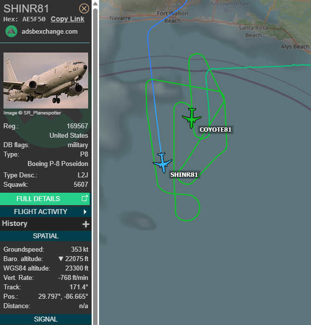 SR_Planespotter's tweet photo. Really rare test for OPNAV SDC Dallas and SDC Mugu.
Both P-8As are showing without using tactical hexes, and with callsigns at the Eglin ranges.
169567 AAS SHINR81 #AE5F50
169007 Camera modification #AE57CC https://t.co/iSC5kaIVLv
