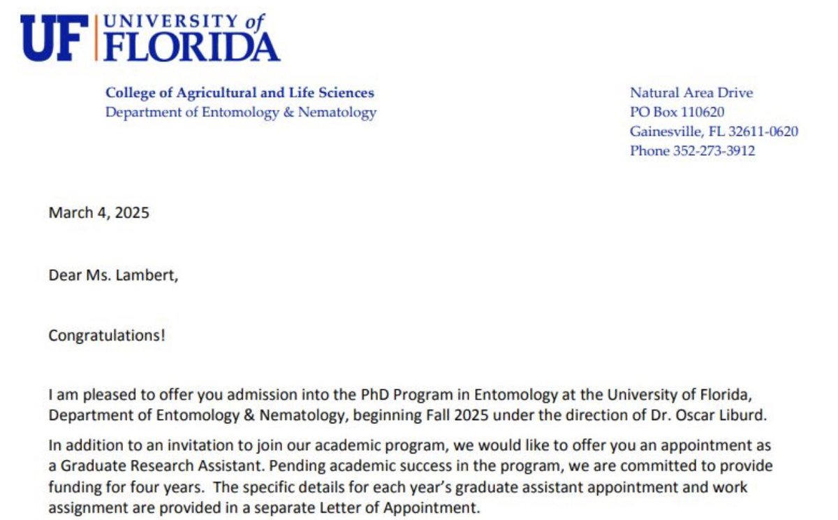 I am so excited to announce my admission to the University of Florida PhD program under Dr. Oscar Liburd in the Small Fruit and Vegetable IPM lab. I would also like to thank the Entomology and Nematology department for awarding me a matching teaching assistantship!