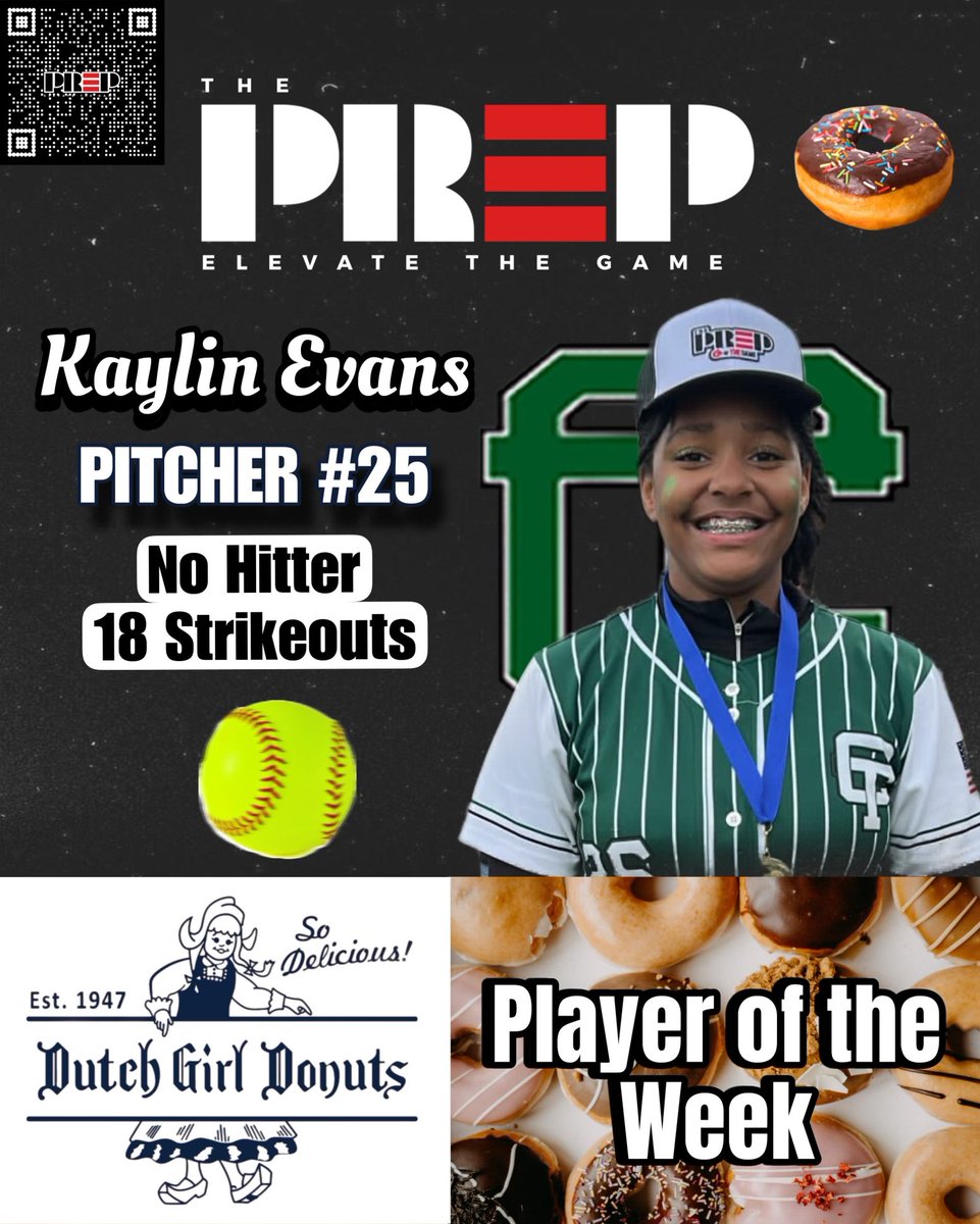ThePrep3's tweet image. The PreP “Player of the Week” is brought to you by “Dutch Girl Donuts” and we want to honor Kaylin Evans!🗣️🍩 🔥
Kaylin pitched the best game we’ve seen on The PreP this Spring Season! A Complete Game NO-HIT 18K game. Congratulations, Kaylin. 📣🔥🥎