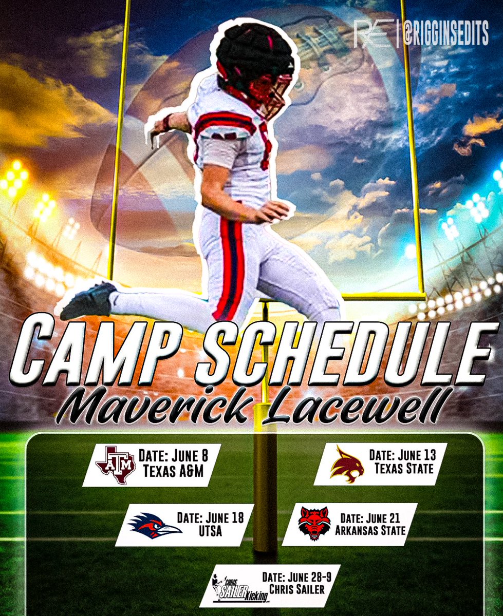 Maverick Lacewell (@mavlacewell) on Twitter photo Looking forward to competing at upcoming summer camps.
<a href="/coach9cg/">Clayton Guillory</a> <a href="/CoachTBurns/">Tanner Burns</a> <a href="/CoachTillman_/">Dakota Tillman</a> <a href="/Chris_Sailer/">Chris Sailer Kicking</a> <a href="/Coach_Dougherty/">Patrick Dougherty</a> <a href="/CoachBrownUTSA/">Coach Zach Brown</a> <a href="/Blastikoff/">Caden novikoff</a> <a href="/NickGatto/">Nick Gatto</a> Looking forward to competing at upcoming summer camps.
<a href="/coach9cg/">Clayton Guillory</a> <a href="/CoachTBurns/">Tanner Burns</a> <a href="/CoachTillman_/">Dakota Tillman</a> <a href="/Chris_Sailer/">Chris Sailer Kicking</a> <a href="/Coach_Dougherty/">Patrick Dougherty</a> <a href="/CoachBrownUTSA/">Coach Zach Brown</a> <a href="/Blastikoff/">Caden novikoff</a> <a href="/NickGatto/">Nick Gatto</a>