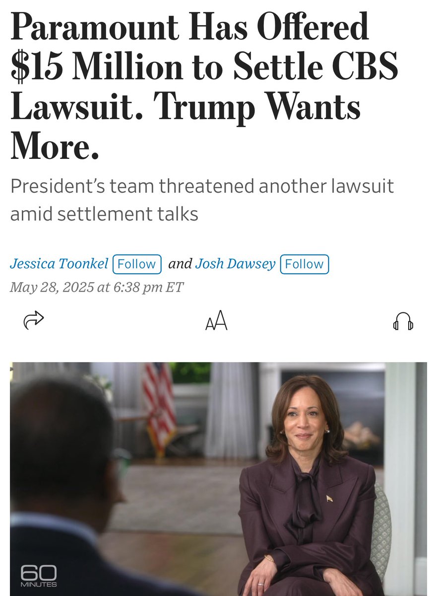 President Trump is raking CBS over the coals:

“Paramount Global in recent days has offered $15 million to settle, according to people familiar with the situation. Trump’s team wants more than $25 million and is also seeking an apology from CBS News.”