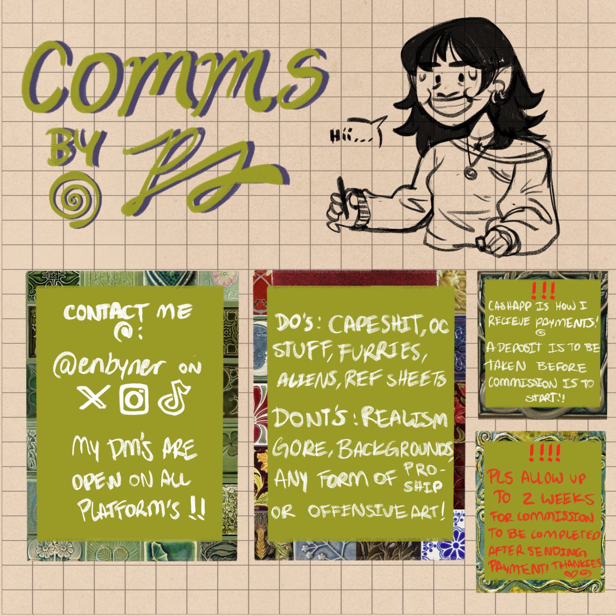 enbyner's tweet image. GOOD MORNING KINGDOM !!!
soo i am taking commissions!! been in between jobs and i have rent to pay LMFAOOO. i have 4 slots open so if you’re interested pls dm me or comment!!
you may also email me: connorkent18@gmail.com
#CommissionSheet #commissionsopen