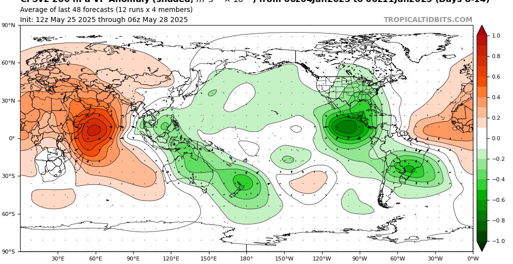 The MJO wave is still on track to head for the Atlantic Basin by mid-June, which could allow for the first Atlantic storm of the season with rising air over the region.