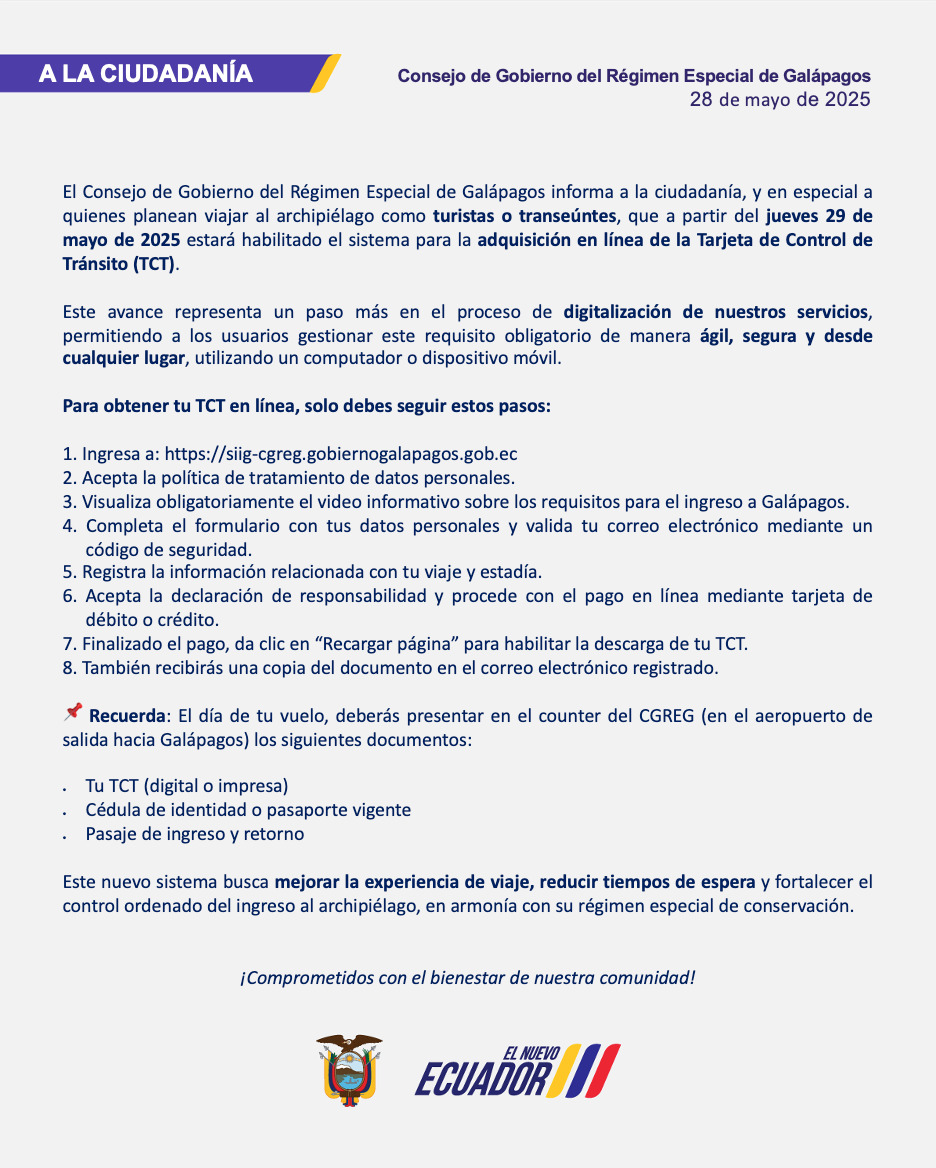 #Comunicado | Desde el 29 de mayo quienes ingresen a las islas como turistas y transeúntes pueden realizar su registro y adquirir su TCT de manera virtual.

🔗siig-cgreg.gobiernogalapagos.gob.ec

Digitalizamos nuestros servicios para brindarte una mejor experiencia de viaje.
#ElNuevoEcuador