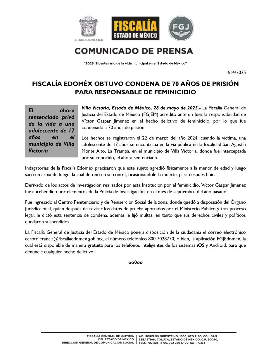 FiscaliaEdomex's tweet image. #Sentenciado. La #FiscalíaEdoméx acreditó ante un Juez la responsabilidad de Víctor Gaspar Jiménez en el hecho delictivo de feminicidio, por lo que fue condenado a 70 años de prisión.
Los hechos se registraron en el año 2024, en el municipio de #VillaVictoria.…