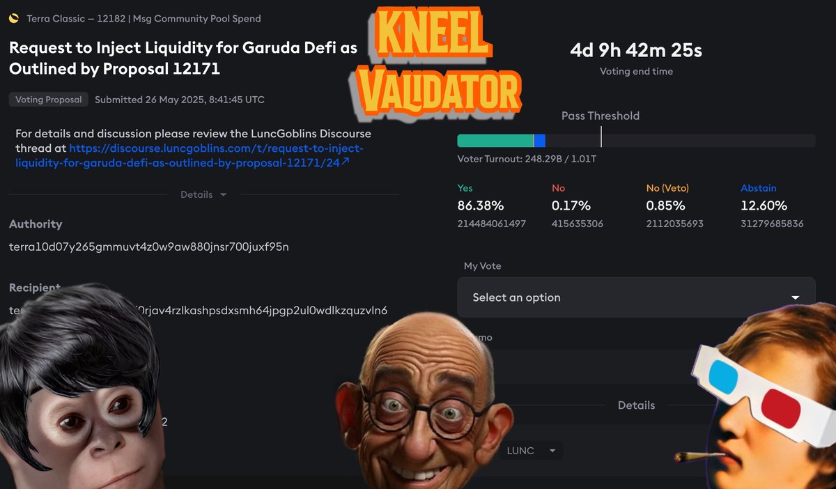 This is a message from KNEEL Validator Farms Labs Industries...

-We hath Voted Si With Burrito 🌯 (YES) to Proposal #12182 Request to Inject Liquidity for Garuda Defi as Outlined by Proposal 12171... <a href="/garuda_defi/">Garuda DeFi</a> 

Make sure to stake with us... Low 2.5% Commission... 

And...👉