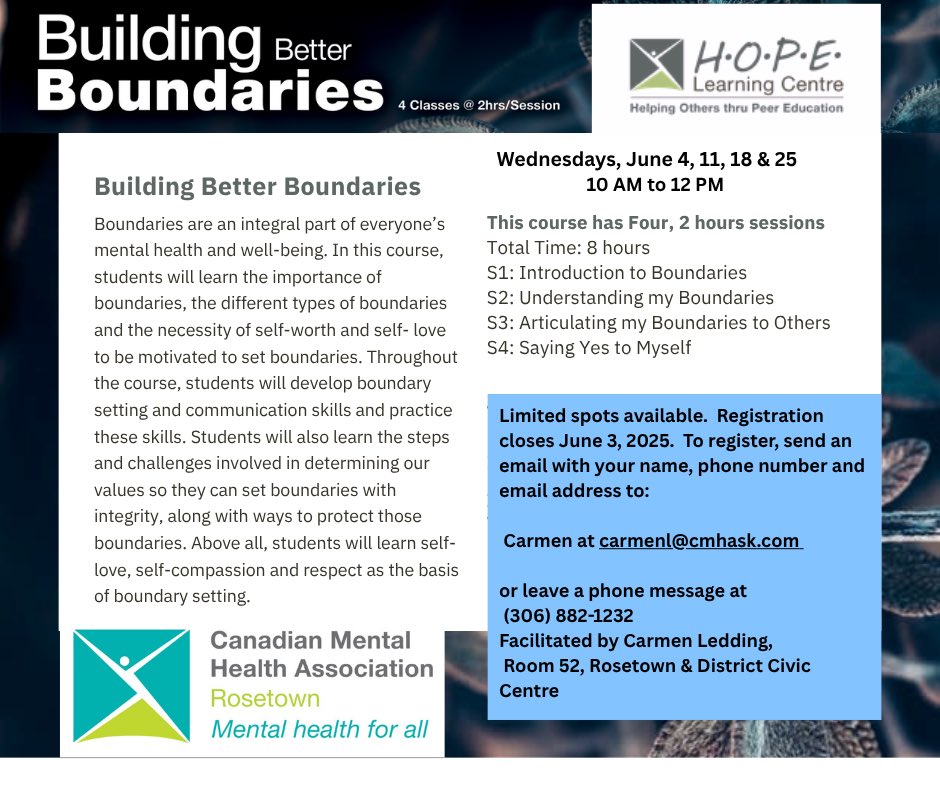 Do you struggle with setting boundaries and wind up with resentment?  This course is for you!  Learn how to establish and protect healthy boundaries within relationships.  All part of our in-person programs at #cmharosetown #peersupport #mentalhealthforall