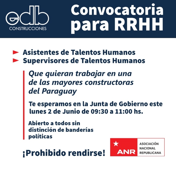 Convocatoria a Feria de Empleos, el lunes 02 de junio de 09:30hs a 11:00hs en la sede de la Junta de Gobierno. Las vacancias ofrecidas son: Asistentes de Talentos Humanos y Supervisores de Talentos Humanos.