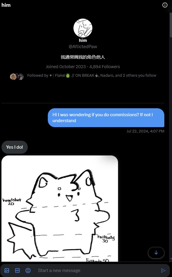 nadaro_obj's tweet photo. Never thought I'd have to resort to this but I commissioned @AflictedPaw in July of 2024 and have yet to receive my finished art or even just a refund. There has been 0 consistent communication in between months of them ghosting me. https://t.co/HGjZJ8GpIv