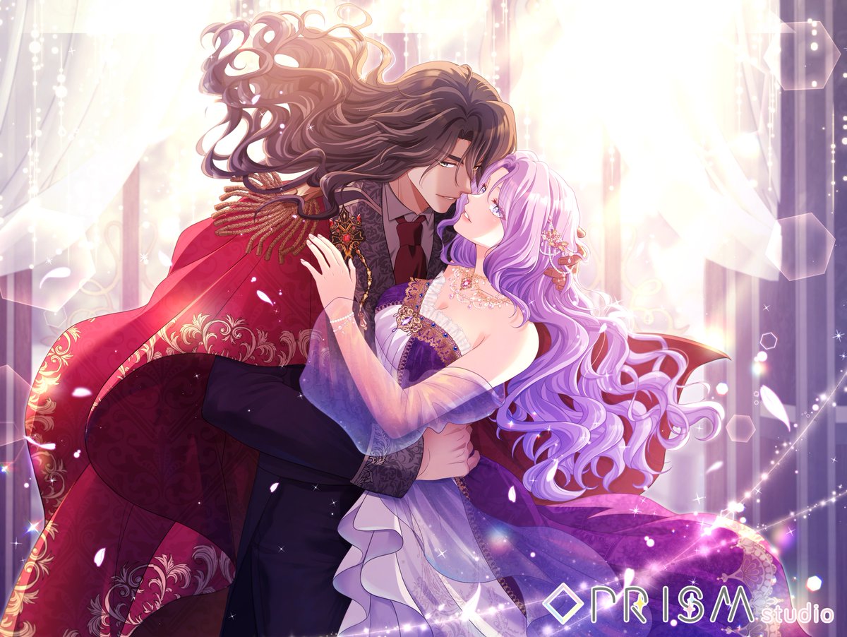 Yamiochi_P's tweet photo. ✨今月からの新しい連載カバーイラスト✨
　　　✨キラキラの全体図を公開✨
　　　　　　✨✨✨
#悪女は闇落ち公爵様しか攻略できない 💜🪽
#闇落ち公爵 #villainessandthebeast https://t.co/IjnFj1kgTP