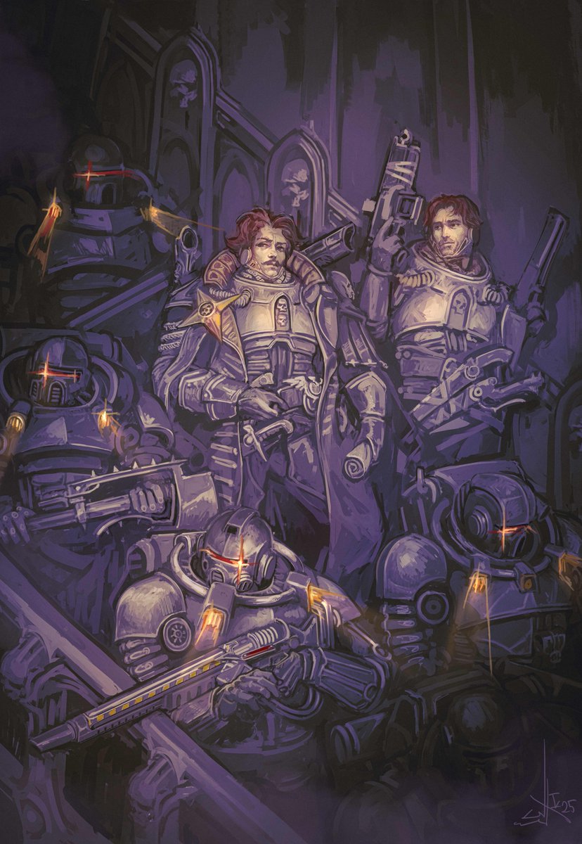 Rogue Trader and his First Mate void master accompanied by a boarding party