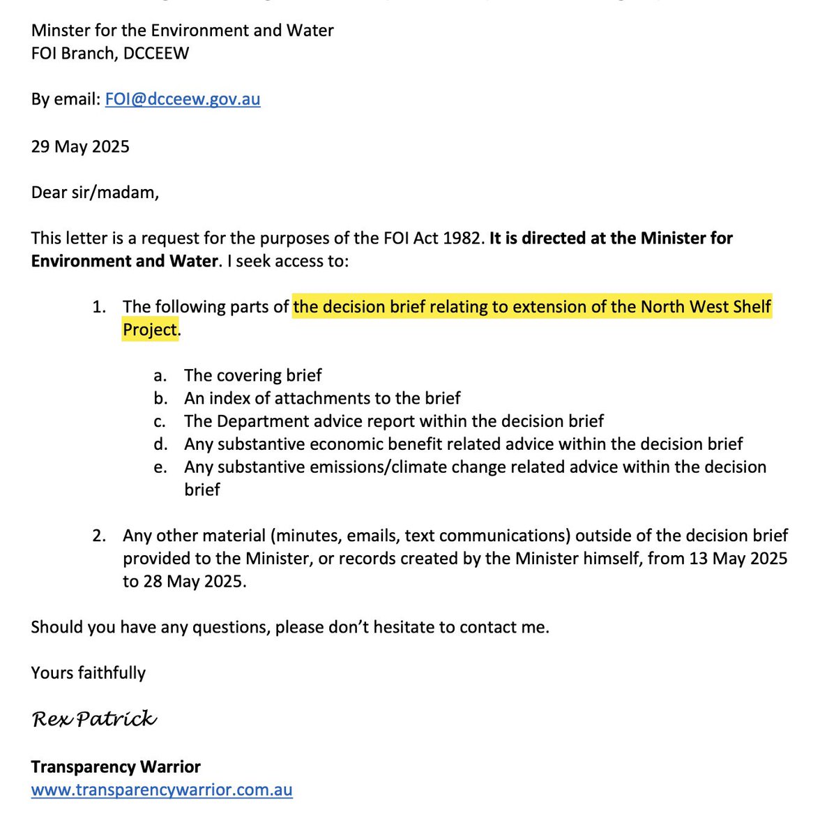 Rex Patrick (@mrrexpatrick) on Twitter photo I am of the strong view we have a right to access information that helps us scrutinise and judge our Government. I have a feeling Environment Minister <a href="/MurrayWatt/">Senator Murray Watt</a> will fight this #FOI. I would gladly be wrong. Watch this space! #NorthWestShelf #Woodside #auspol I am of the strong view we have a right to access information that helps us scrutinise and judge our Government. I have a feeling Environment Minister <a href="/MurrayWatt/">Senator Murray Watt</a> will fight this #FOI. I would gladly be wrong. Watch this space! #NorthWestShelf #Woodside #auspol