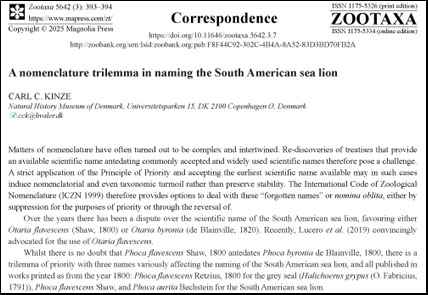 Zootaxa's tweet image. A #nomenclature #trilemma in naming the #SouthAmerican #sealion
#taxonomy
doi.org/10.11646/zoota…