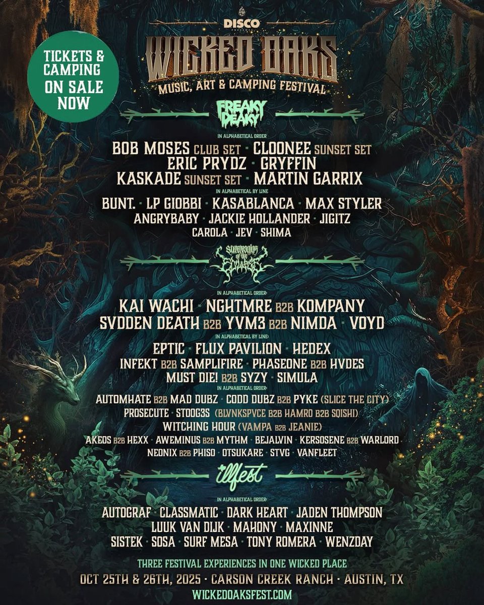 Join the gathering October 25–26 at Carson Creek Ranch in Austin, TX for a weekend of music, camping, and immersive art like never before. The spirits await…

Tickets on sale now!
Set your reminder now at wickedoaksfest.com – and use promo code TEXASEDM to save 👻