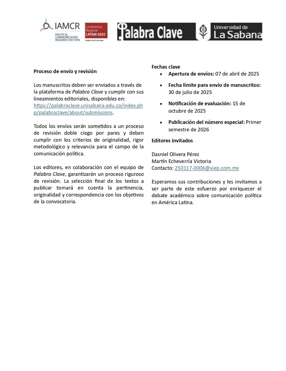 Comunicación Política en America Latina (@iamcrlatam_cpol) on Twitter photo #IAMCRLatam Recuerden que todavía están a tiempo de enviar una propuesta al número especial de Palabra Clave.
Aquí les dejamos el Call for Papers 👇 #IAMCRLatam Recuerden que todavía están a tiempo de enviar una propuesta al número especial de Palabra Clave.
Aquí les dejamos el Call for Papers 👇