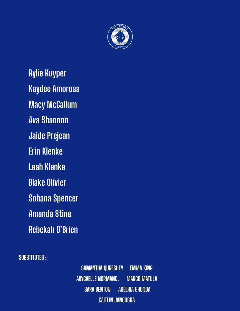 AHFC Royals (@ahfcroyals) on Twitter photo Starting XI is ready. Let’s go, Royals! 👊⚽️
Once inicial listo. ¡Vamos Royals! 👊⚽️
#AHFCRoyals #StartingXI #WomensSoccer #VamosRoyals #GameDay Starting XI is ready. Let’s go, Royals! 👊⚽️
Once inicial listo. ¡Vamos Royals! 👊⚽️
#AHFCRoyals #StartingXI #WomensSoccer #VamosRoyals #GameDay