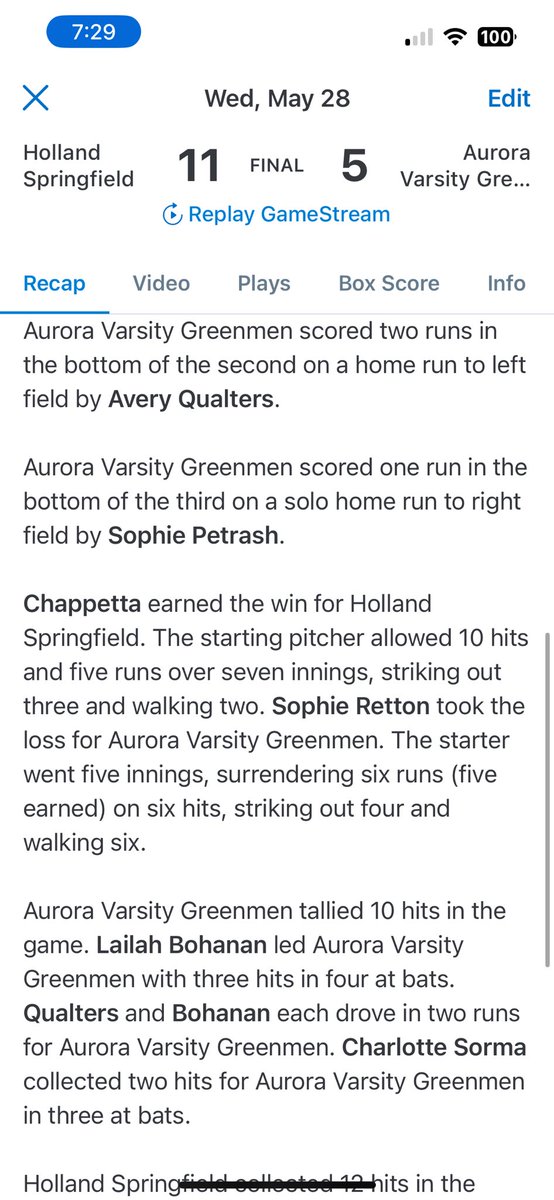 Aurora’s playoff run comes to an end with a loss to Holland Springfield in the Regional Semi-Finals.

<a href="/AveryQualters/">Avery Qualters</a> &amp; <a href="/sophpet07/">Sophie Petrash</a> each with a HOMER!! #dingerqueenz

Good luck to <a href="/ladydvlsnation/">Holland Springfield Softball</a> as they continue on their playoff run!

Game recap below 👇🏼