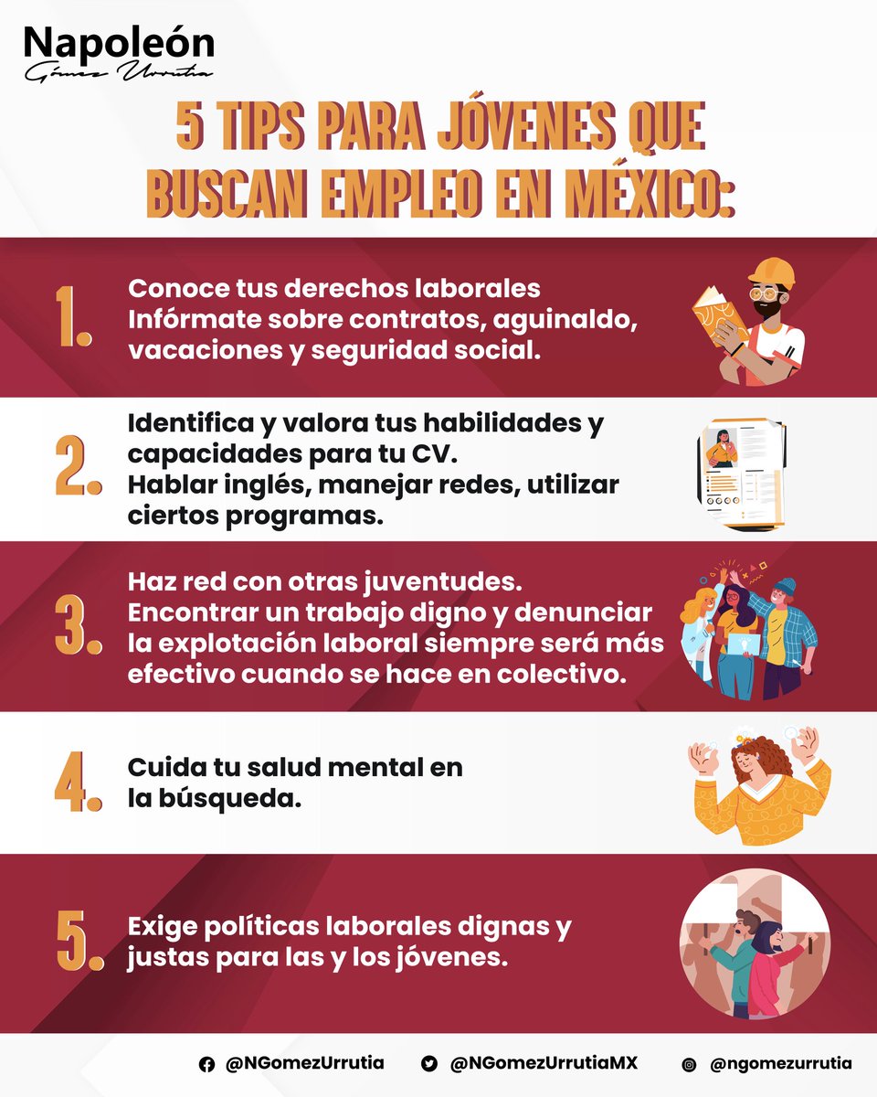 Les comparto cinco consejos a considerar para las y los jóvenes que están en búsqueda de trabajo.

Es indispensable identificar un trabajo digo y sin explotación, antes de aceptarlo.