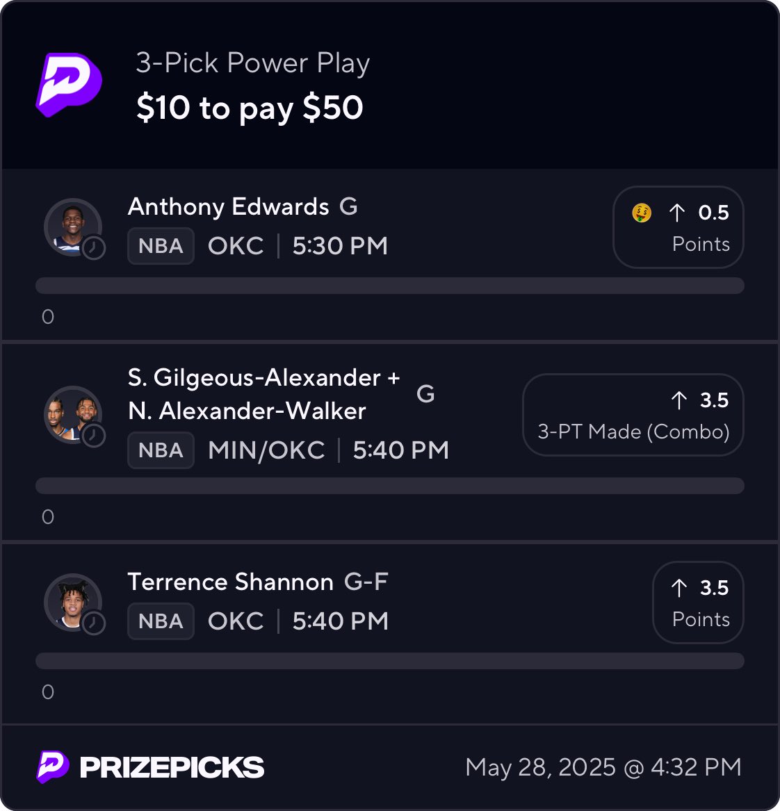 DylPicksGreens's tweet photo. Anthony Edwards Free Square (PrizePicks) +400

• Terrance Shannon Buckets 🪣 
• Cuzzos FOR THREE 🎯

#ThunderUp #WolvesBack #NBAX https://t.co/Q2zocw2uj1