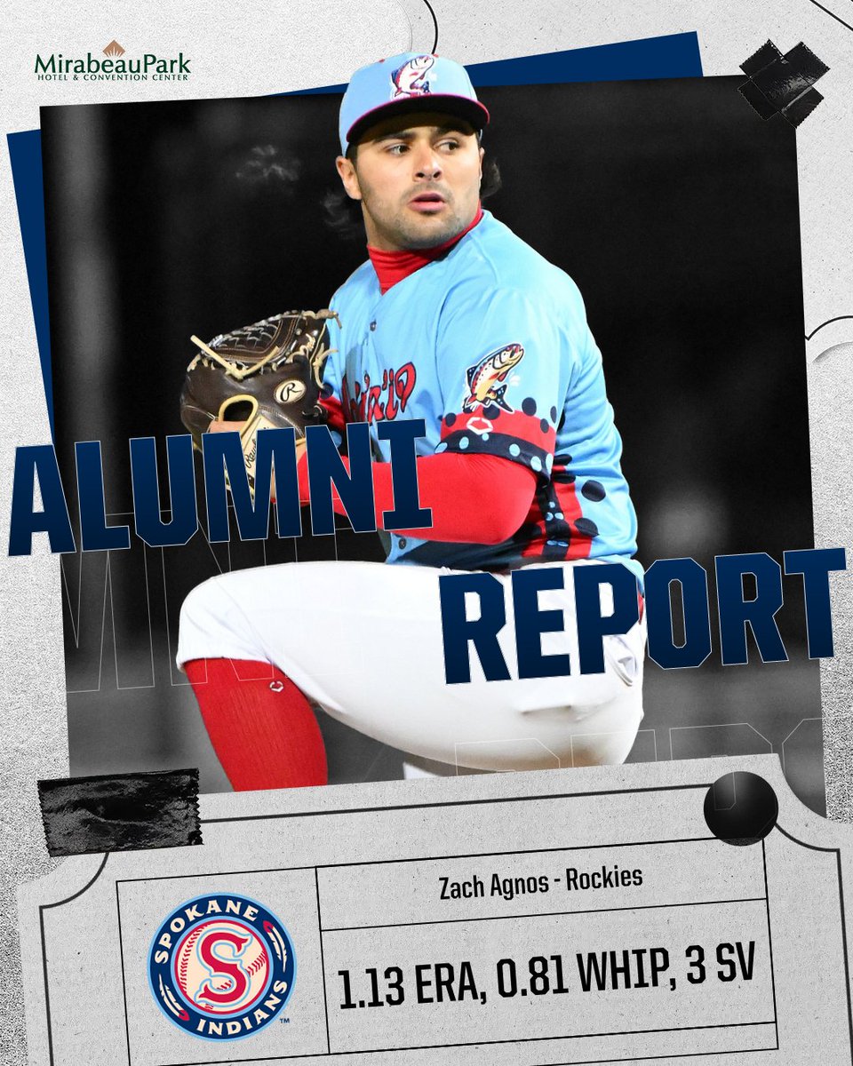 Spokane Indians (@spokaneindians) on Twitter photo It’s time for another MLB Alumni Report presented by our friends at the Mirabeau Park Hotel. Today we spotlight <a href="/Rockies/">Colorado Rockies</a> closer Zach Agnos, who has been lights out at the back end of Colorado's bullpen. #GoSpo It’s time for another MLB Alumni Report presented by our friends at the Mirabeau Park Hotel. Today we spotlight <a href="/Rockies/">Colorado Rockies</a> closer Zach Agnos, who has been lights out at the back end of Colorado's bullpen. #GoSpo