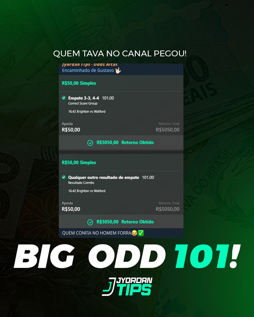 💥 Entrada de Big Odd batida no canal Jyordan Tips!

✅ Odd 101.00 GREEN
📊 Entrada validada, enviada — e lucrativa!

🚀 Quer pegar as próximas em tempo real?

📲 Clica no link da bio e entra pro time Jyordan Tips!

#apostaesportivas #bet365 #futebolvirtual #jyordantips