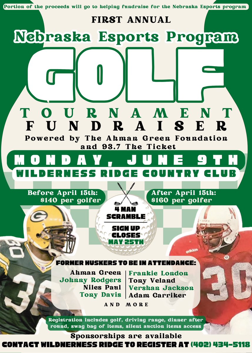 Ahman Green NFL legend/Head Coach/Gamer (@ahmangreen30) on Twitter photo Come support the 1st Nebraska Esports Golf Fundraiser!! You will a have chance to golf with and meet myself <a href="/ahmangreen30/">Ahman Green NFL legend/Head Coach/Gamer</a> , Johnny Rodgers, #NilesPaul, Tony Ortiz, Frankie London and other former Cornhuskers as we support and raise awareness and funds for the Nebraska Esports Come support the 1st Nebraska Esports Golf Fundraiser!! You will a have chance to golf with and meet myself <a href="/ahmangreen30/">Ahman Green NFL legend/Head Coach/Gamer</a> , Johnny Rodgers, #NilesPaul, Tony Ortiz, Frankie London and other former Cornhuskers as we support and raise awareness and funds for the Nebraska Esports