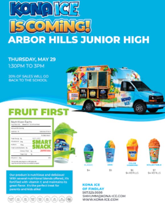 SPECIAL ANNOUNCEMENT: As part of our year end celebration, Kona Ice will be joining the festivities! Bring some money for your last chance to enjoy some refreshing shaved ice while supporting our school! ☀️🌴