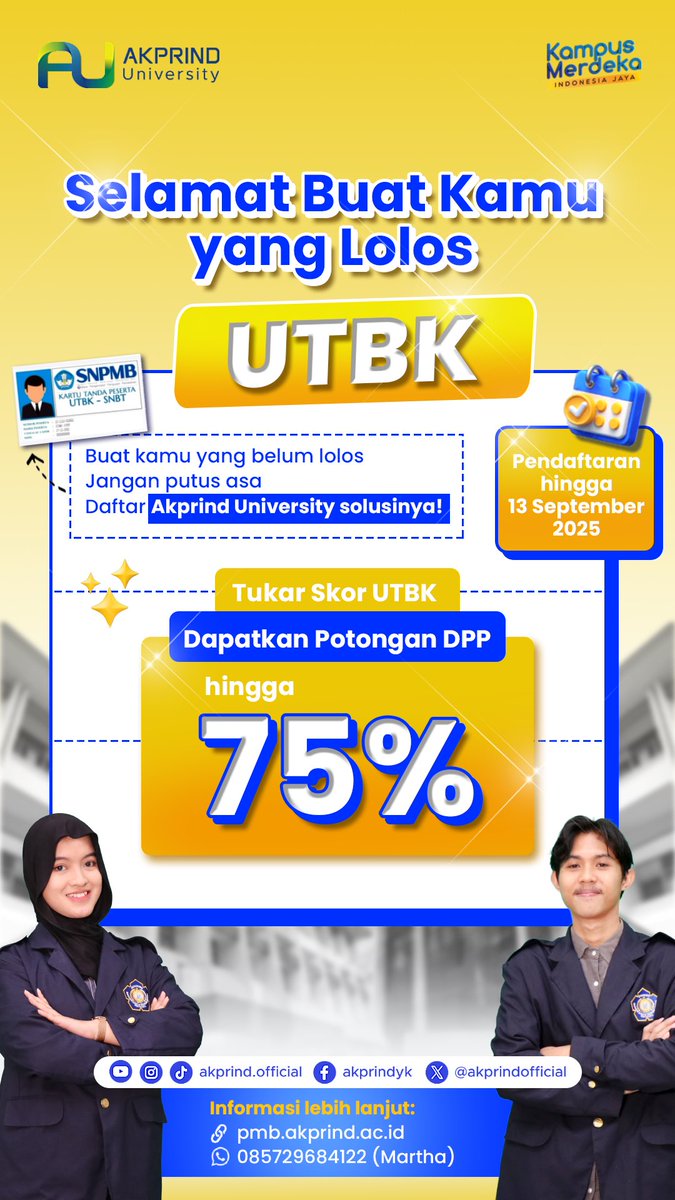 Daftar di Akprind University pakai skor UTBK. Dapatkan potongan DPP hingga 75%. 🤩

#ProdiUnggul #UKTTerjangkau #KuliahMurahdiJogja #UKTStabil #akprinduniversity #terusbertransformasi