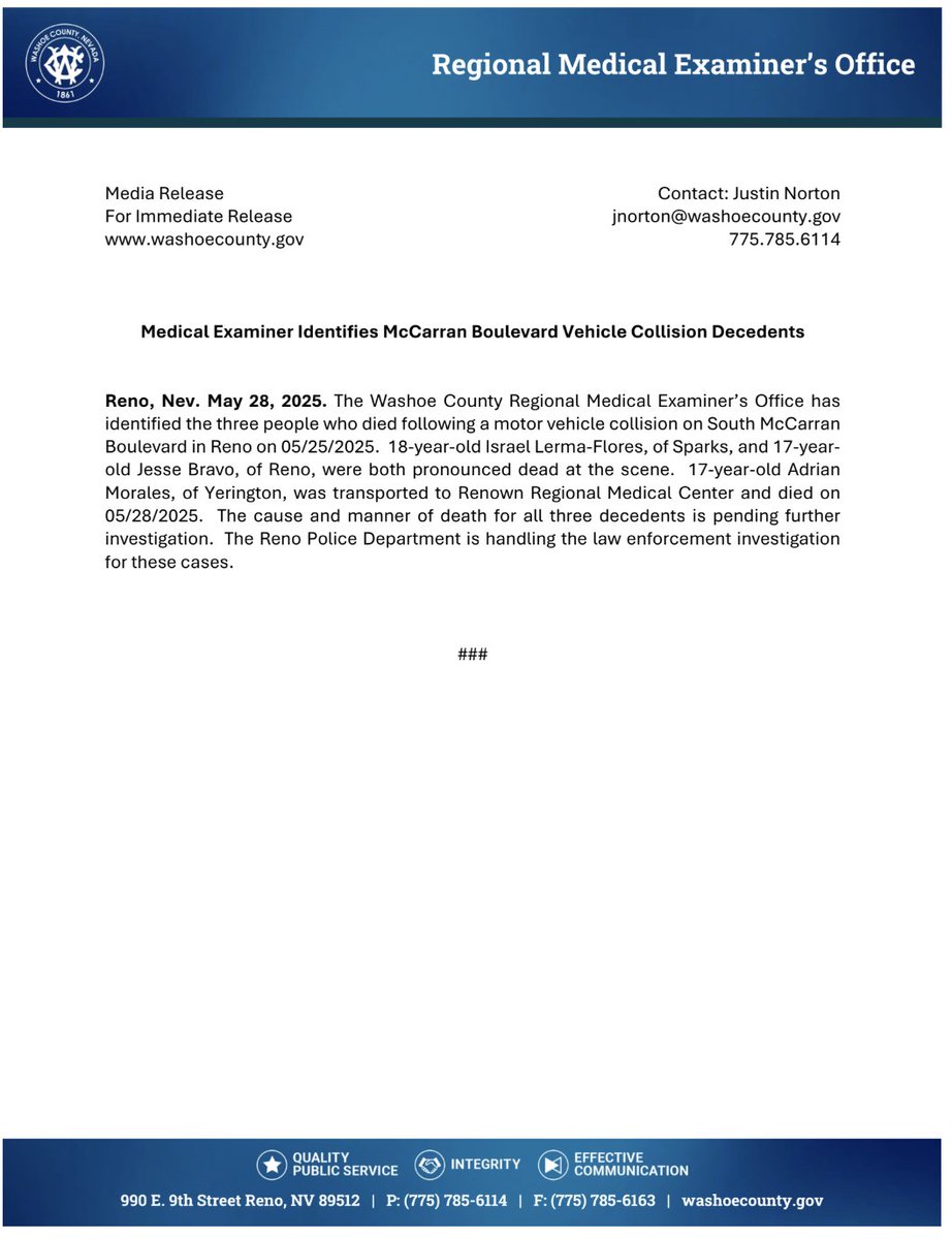 The three dead in the car crash on South McCarran on May 25th were all teenagers.  An investigation is ongoing in what caused the crash.