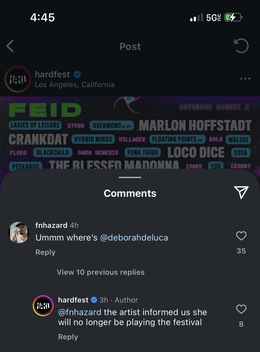 angieee64's tweet photo. Not HardFest saying Deborah De Luca said she couldn’t play the festival anymore and she said they’re lying saying they took her off completely. WHACKKKK https://t.co/9xFwNCTCCv