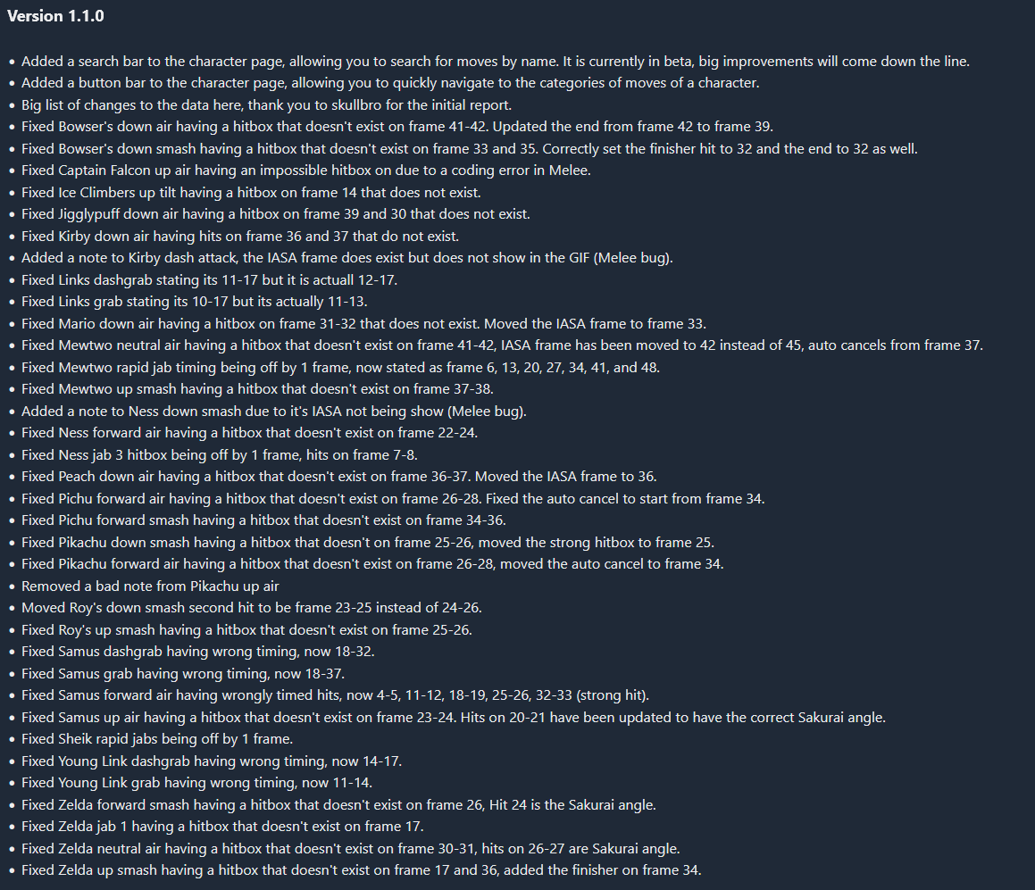FightCoregg's tweet photo. Version 1.1.0 is now live on the beta website. Thanks to a report by @skullbro200, we investigated and corrected all multi-hit moves. The screenshot shows a long list of changes. We added a search bar to help you find moves and buttons to navigate to different move categories! https://t.co/msK3FBPapO
