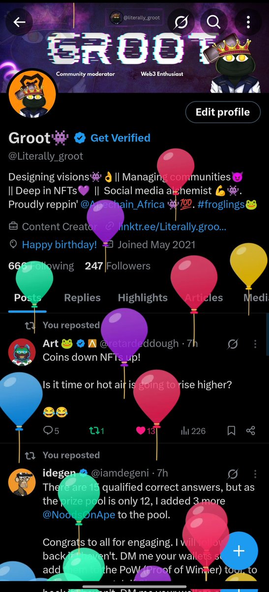 Literally_groot's tweet photo. π Look what just arrived! My awesome birthday balloons from X! π
Time to make this loop around the sun absolutely legendary! ππΎ
#ApeChainAfrica #froglings https://t.co/asfYwOqw04