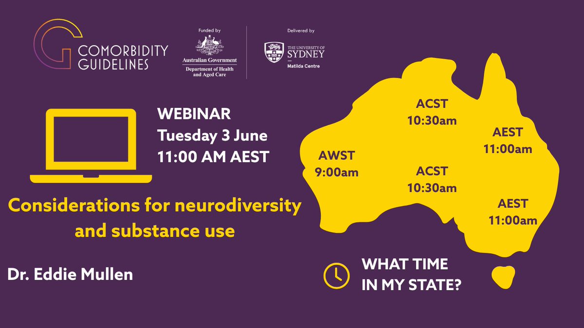 The Matilda Centre (@thematilda_usyd) on Twitter photo UPCOMING WEBINAR | What are the considerations for neurodiversity and substance use? Learn more at our Comorbidity Project webinar with <a href="/DrEddieMullen1/">Dr Eddie Mullen</a>, Tues 3 June 11-12pm AEST. Register: uni-sydney.zoom.us/webinar/regist… UPCOMING WEBINAR | What are the considerations for neurodiversity and substance use? Learn more at our Comorbidity Project webinar with <a href="/DrEddieMullen1/">Dr Eddie Mullen</a>, Tues 3 June 11-12pm AEST. Register: uni-sydney.zoom.us/webinar/regist…