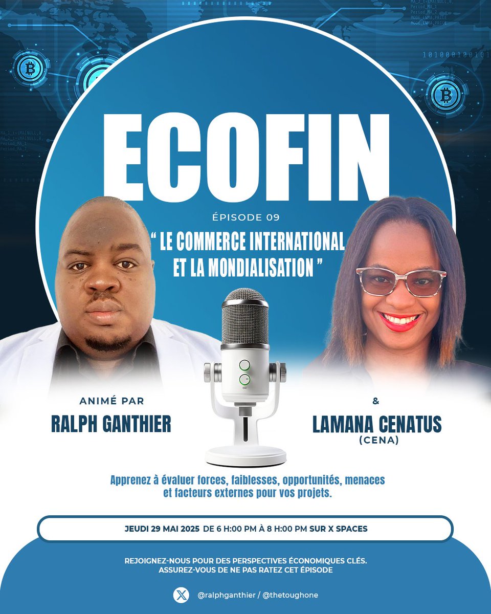Ralph Ganthier (@ralphganthier) on Twitter photo 📢 Le 9e épisode d’EcoFin arrive ce jeudi de 18h à 20h en direct sur X Spaces !
Thème : « Le commerce international et la mondialisation »
<a href="/thethoughone/">ElCe Thethoughone VwaRezoYo</a> et moi vous donnons rendez-vous pour décrypter les dessous et enjeux du commerce mondial.
Soyez au rdv ! 🌍📊 #EcoFin #XSpace 📢 Le 9e épisode d’EcoFin arrive ce jeudi de 18h à 20h en direct sur X Spaces !
Thème : « Le commerce international et la mondialisation »
<a href="/thethoughone/">ElCe Thethoughone VwaRezoYo</a> et moi vous donnons rendez-vous pour décrypter les dessous et enjeux du commerce mondial.
Soyez au rdv ! 🌍📊 #EcoFin #XSpace