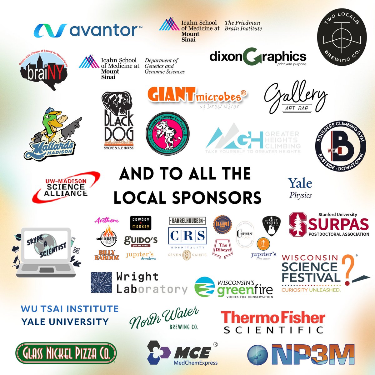 Let's raise our pints to our sponsors and partners of #pint25 🇺🇸
The Pint of Science festival wouldn't be such a wonderful experience without their support!
From our👕super cool t-shirts to🎁prizes, giveaways🛍️and cool animations🧠, we thank them very much for their contribution