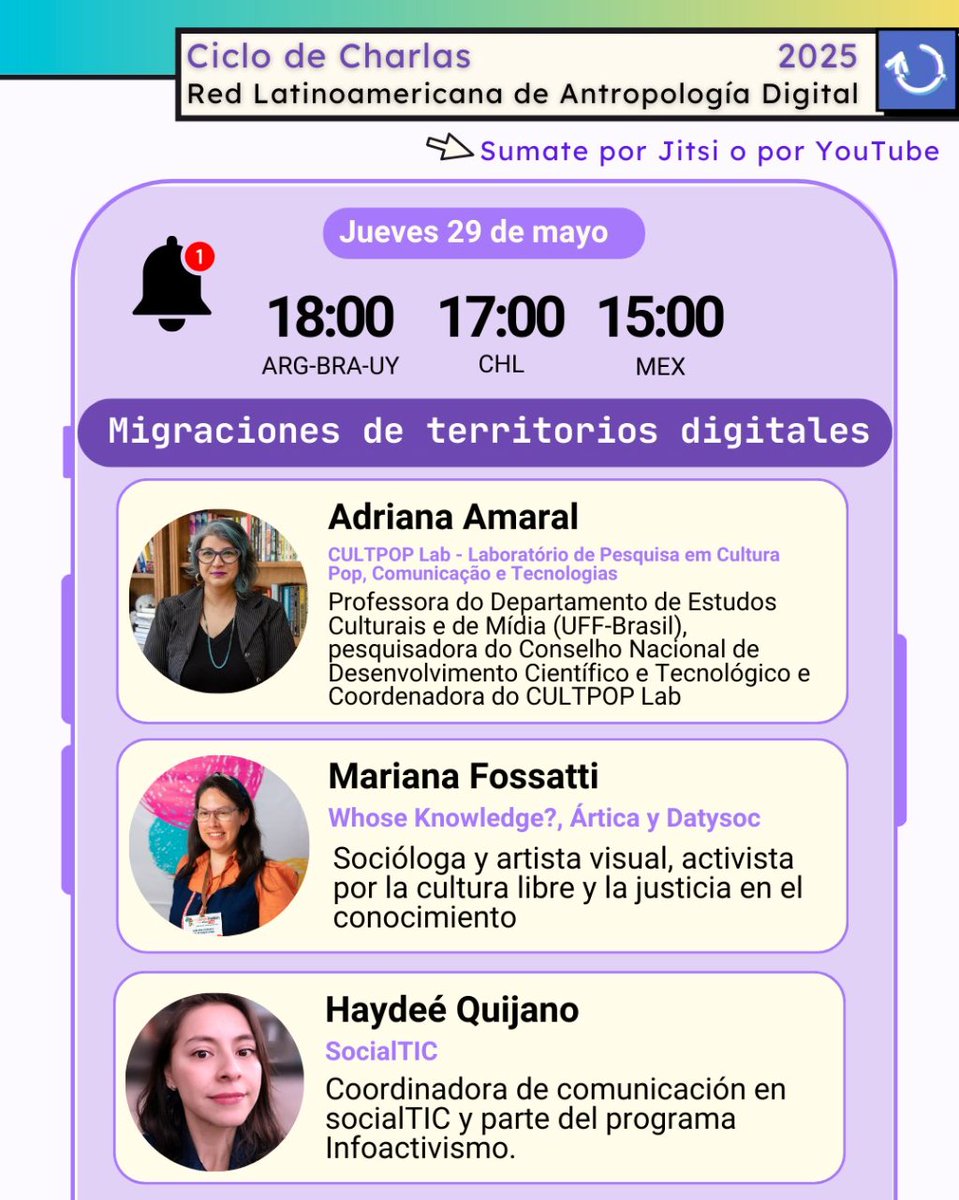 SocialTIC (@socialtic) on Twitter photo 🚨 ¿A qué dilemas éticos y políticos nos enfrentamos al habitar #EspaciosDigitales?
✨ Descúbrelo en la charla organizada por <a href="/Redlatdigital/">Red Latinoamericana Antropología Digital</a> “Migraciones de territorios digitales”
🗓️29/05/25
⏰3 pm 🇲🇽
⏰6 pm 🇦🇷,🇧🇷,🇺🇾,🇨🇱
🎦Vía Jitsi
Registro previo 😉👇
docs.google.com/forms/d/e/1FAI… 🚨 ¿A qué dilemas éticos y políticos nos enfrentamos al habitar #EspaciosDigitales?
✨ Descúbrelo en la charla organizada por <a href="/Redlatdigital/">Red Latinoamericana Antropología Digital</a> “Migraciones de territorios digitales”
🗓️29/05/25
⏰3 pm 🇲🇽
⏰6 pm 🇦🇷,🇧🇷,🇺🇾,🇨🇱
🎦Vía Jitsi
Registro previo 😉👇
docs.google.com/forms/d/e/1FAI…