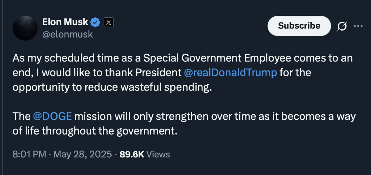 NEWS: Elon Musk has officially announced his departure as a Special Government Employee.