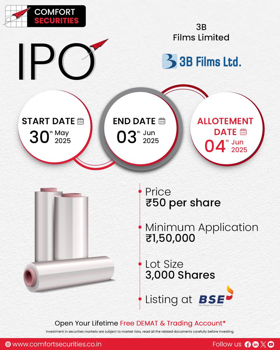 ComfortSecLtd's tweet photo. 📢 Upcoming IPO – Stay Updated!
📅 May 30–June 3, 2025
📌 3B Films Ltd
💸 ₹50 per share
🔗 Apply Now: https://t.co/8bCE1DZIfl
#IPO #UpcomingIPO #3BFilms #StockMarket #Investing #Finance https://t.co/E37TzBfhRy