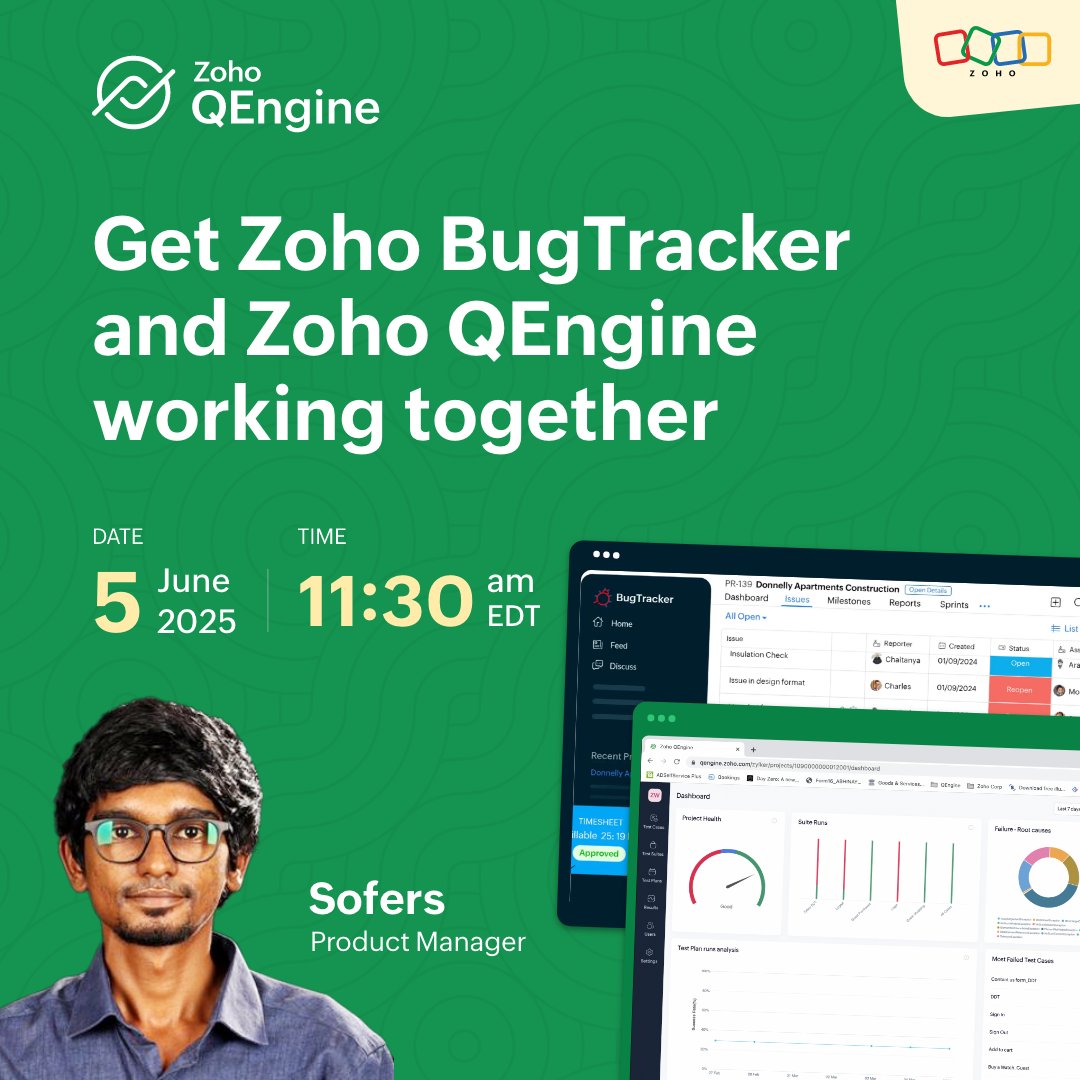 ZohoQEngine's tweet image. Learn how to get Zoho BugTracker and Zoho QEngine working together! Register for an exclusive webinar on June 5 at 11:30 am EDT - meet.zoho.com/gjra-gxe-omh

#ZohoQEngine #TestAutomation