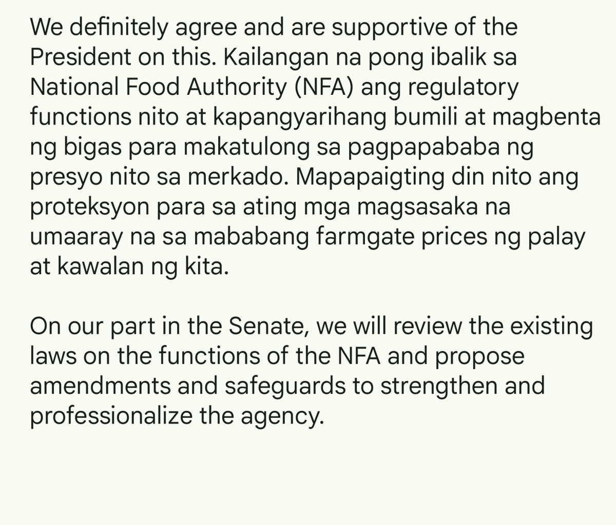 Sen Joel Villanueva on restoring NFA’s original function

"We definitely agree &amp; are supportive of the President on this.Kailangan na ibalik sa NFA ang regulatory functions at kapangyarihang bumili at magbenta ng bigas para makatulong sa pagpapababa ng presyo sa merkado"<a href="/dwiz882/">DWIZ Newscenter</a>