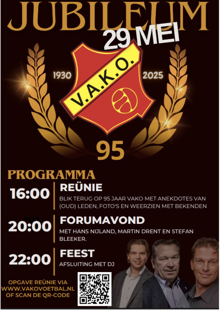 Vandaag een 95 jarig jubileumfeest bij <a href="/vakovoetbal/">VAKO Voetbal</a> Om 20u zit ik met oud speler van <a href="/fcgroningen/">FC Groningen</a> , Martin Drent in een forum. <a href="/StefanBleeker/">Stefan Bleeker</a> is de forumleider. Het belooft een mooie humorvolle avond te worden!