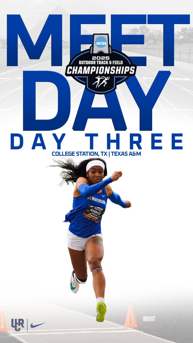 DAY THREE FROM TEXAS, Y'ALL!  

Chelsea Aninyei closes out the #NCAATF West First Round for @UCR_trackfield with the triple jump at 12:30 pm on ESPN+.   

Visit GoHighlanders.com for more information.   

#GoHighlanders