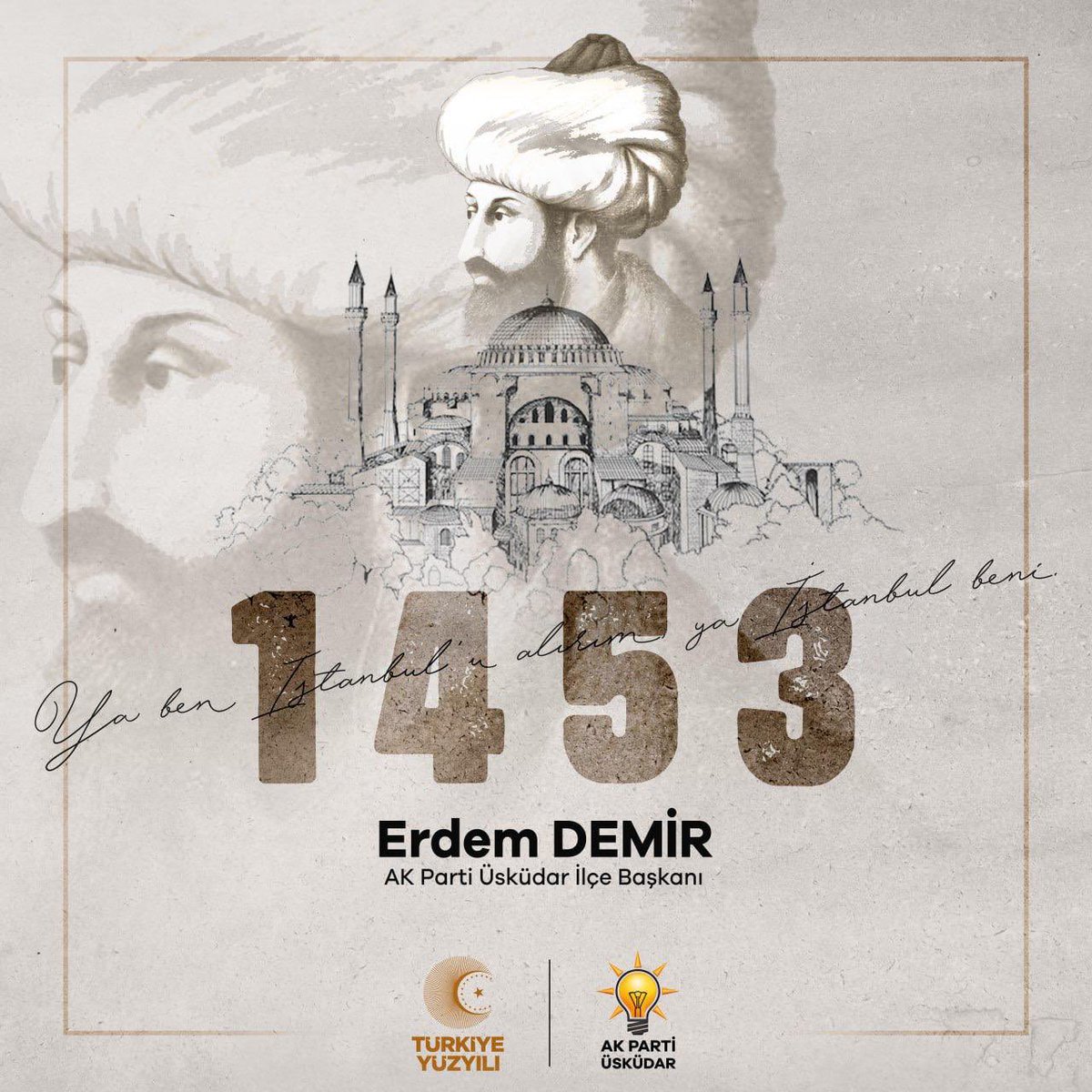 “İstanbul elbet feth olunacaktır. Onu fethedecek komutan ne güzel komutan, onu fetheden ordu ne güzel ordudur.”

Hz. Muhammed (s.a.v)

#İstanbulunFethi’nin yıl dönümü kutlu olsun. 

Büyük komutan Fatih Sultan Mehmet Han’ı ve ordumuzu rahmetle, minnetle anıyorum.

<a href="/abdullahozdemir/">Abdullah Özdemir</a>